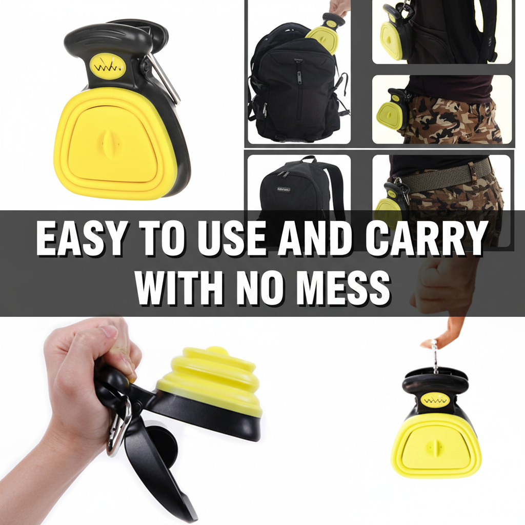 Portable Dog Poop Scooper with text overlay
